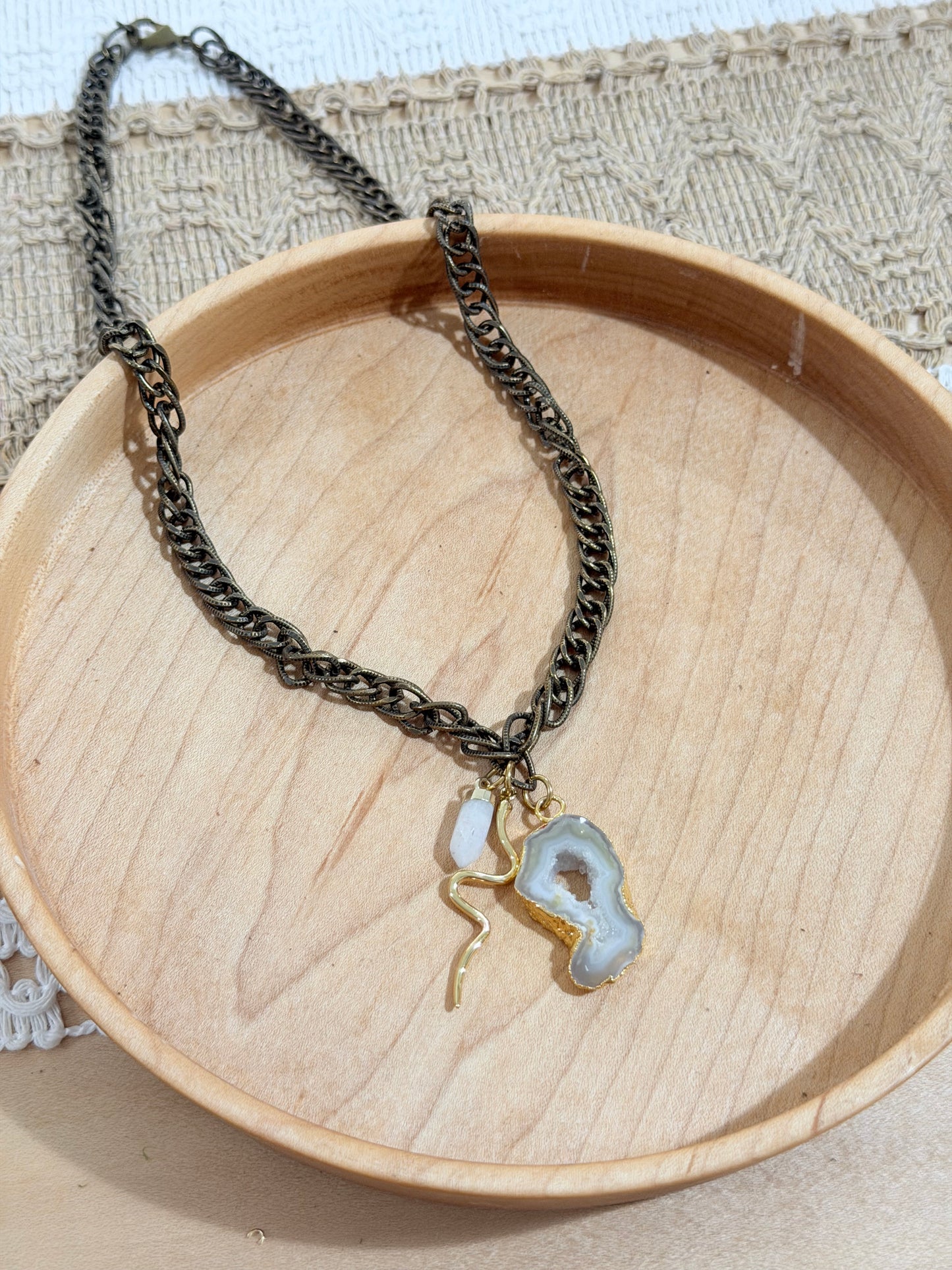 Agate Geode + Moonstone Antique Brass Necklace
