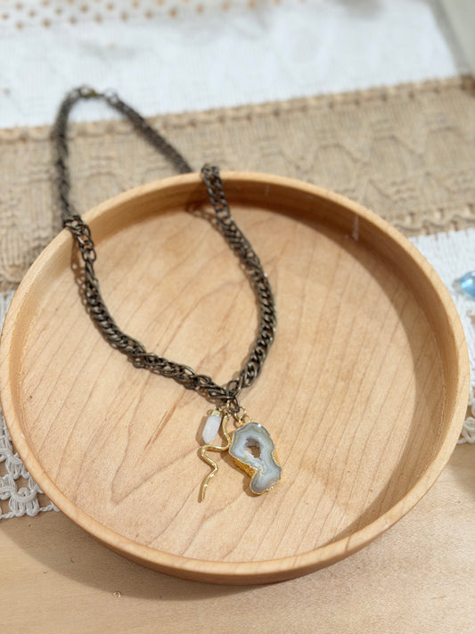 Agate Geode + Moonstone Antique Brass Necklace