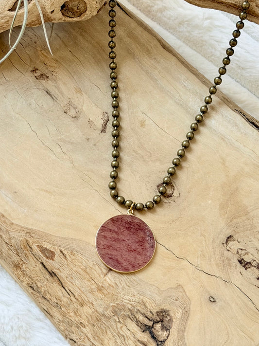 Strawberry Quartz + Antique Brass Ball Chain Necklace
