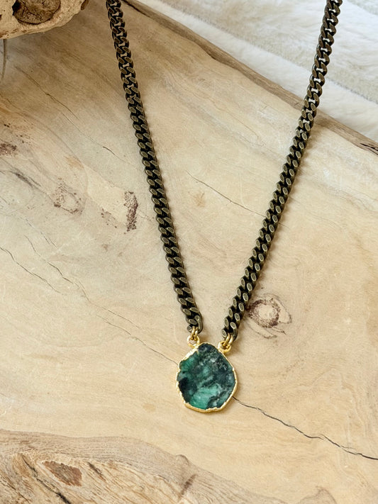Emerald + Antique Brass Necklace