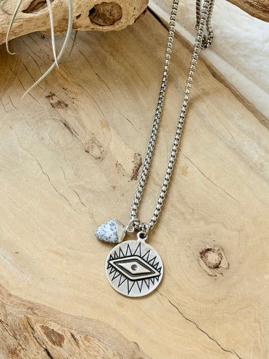 Dendritic Opal + Silver Evil Eye Necklace