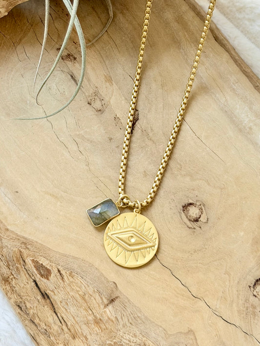 Labradorite + Matte Gold Evil Eye Necklace