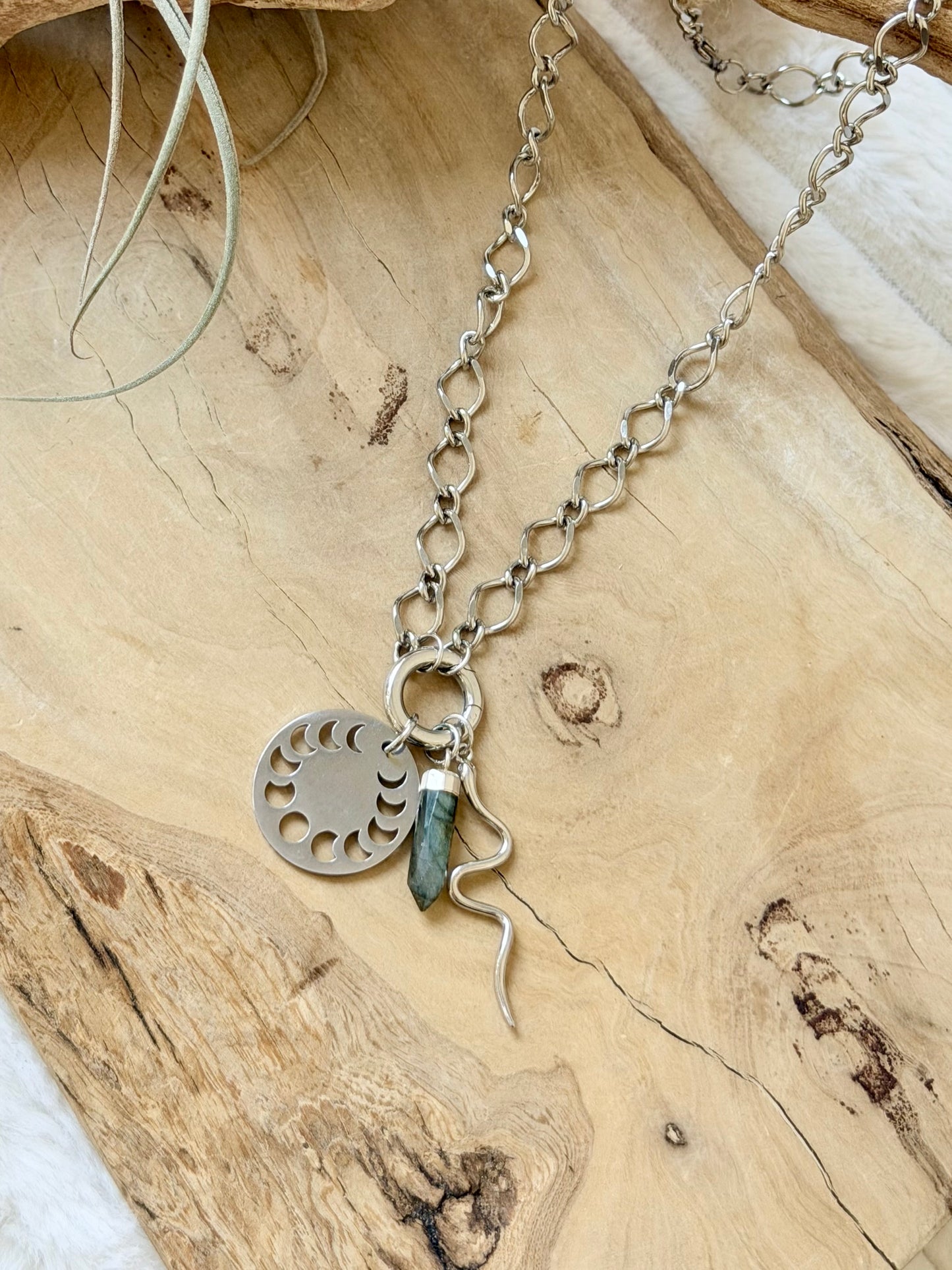 Labradorite Spike + Silver Carabiner Charm Necklace