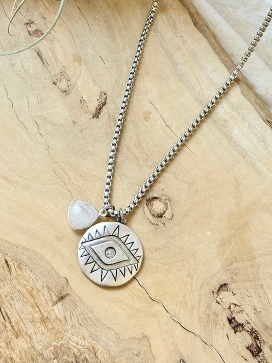 Rainbow Moonstone + Silver Evil Eye Necklace