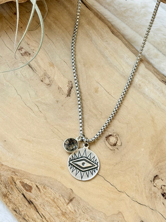 Tourmaline in Quartz + Silver Evil Eye Necklace