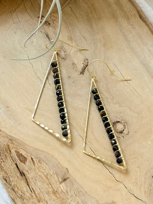 Navy-Brown Tiger Eye + Gold Large Triangle Earrings