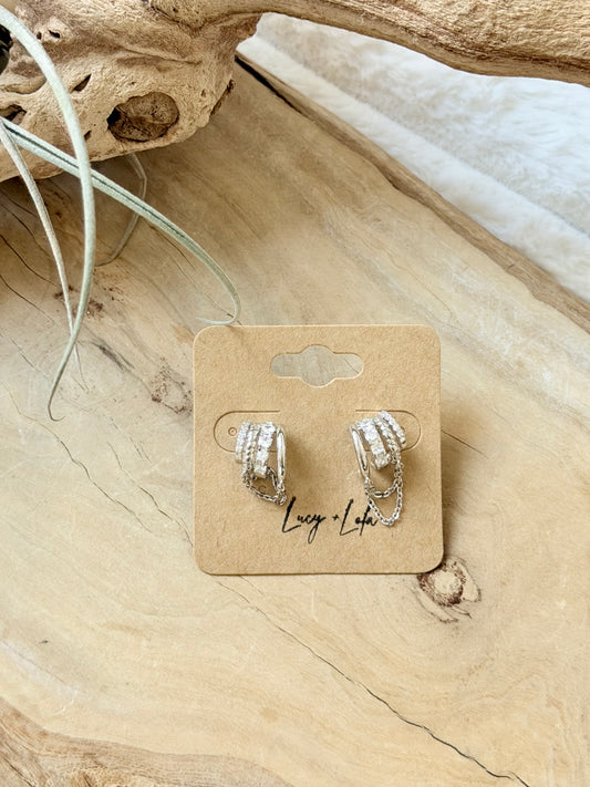 Stacked Zircon + Chain Triple Hoop Earrings
