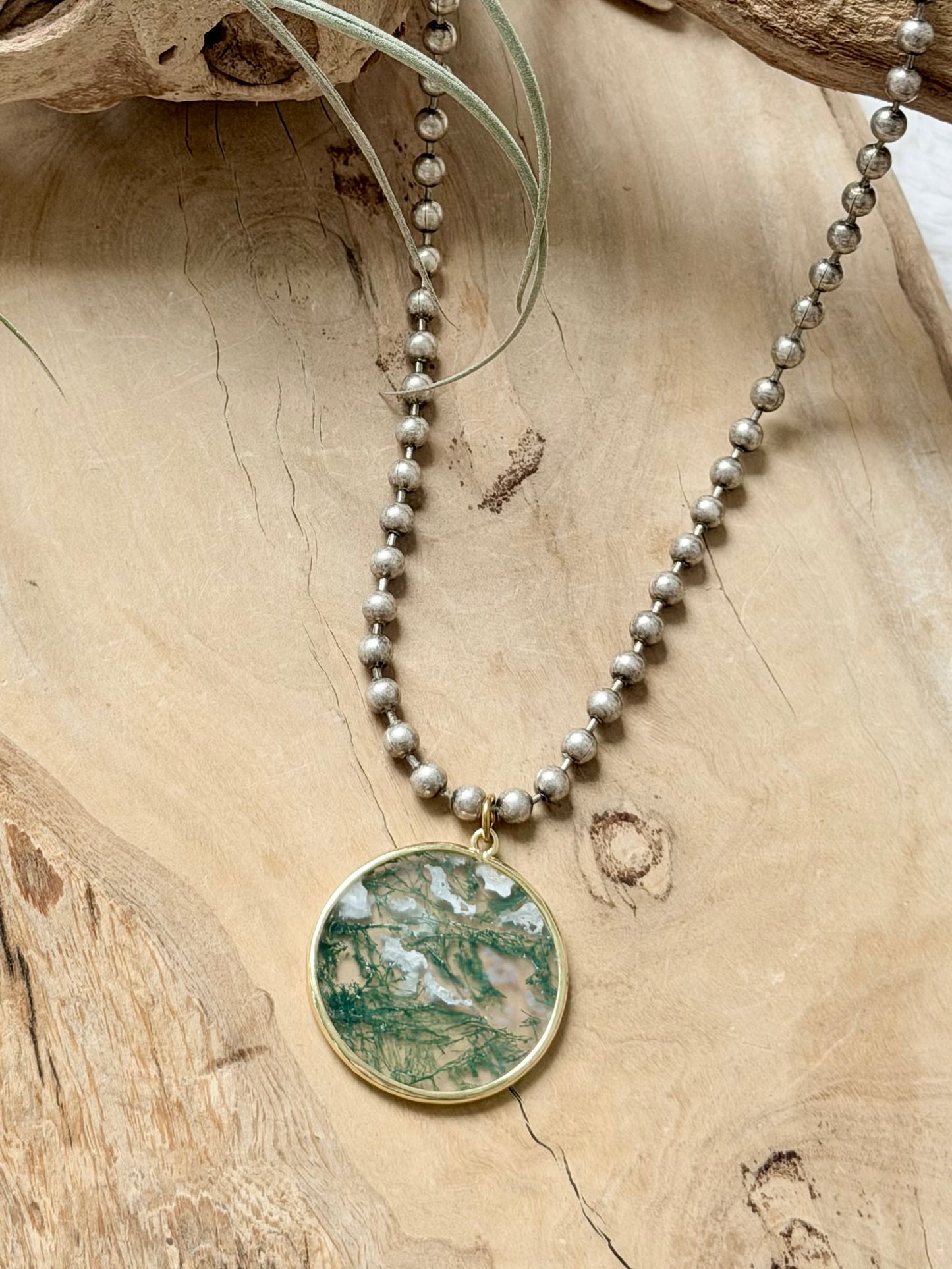 Moss Agate + Antique Silver Necklace