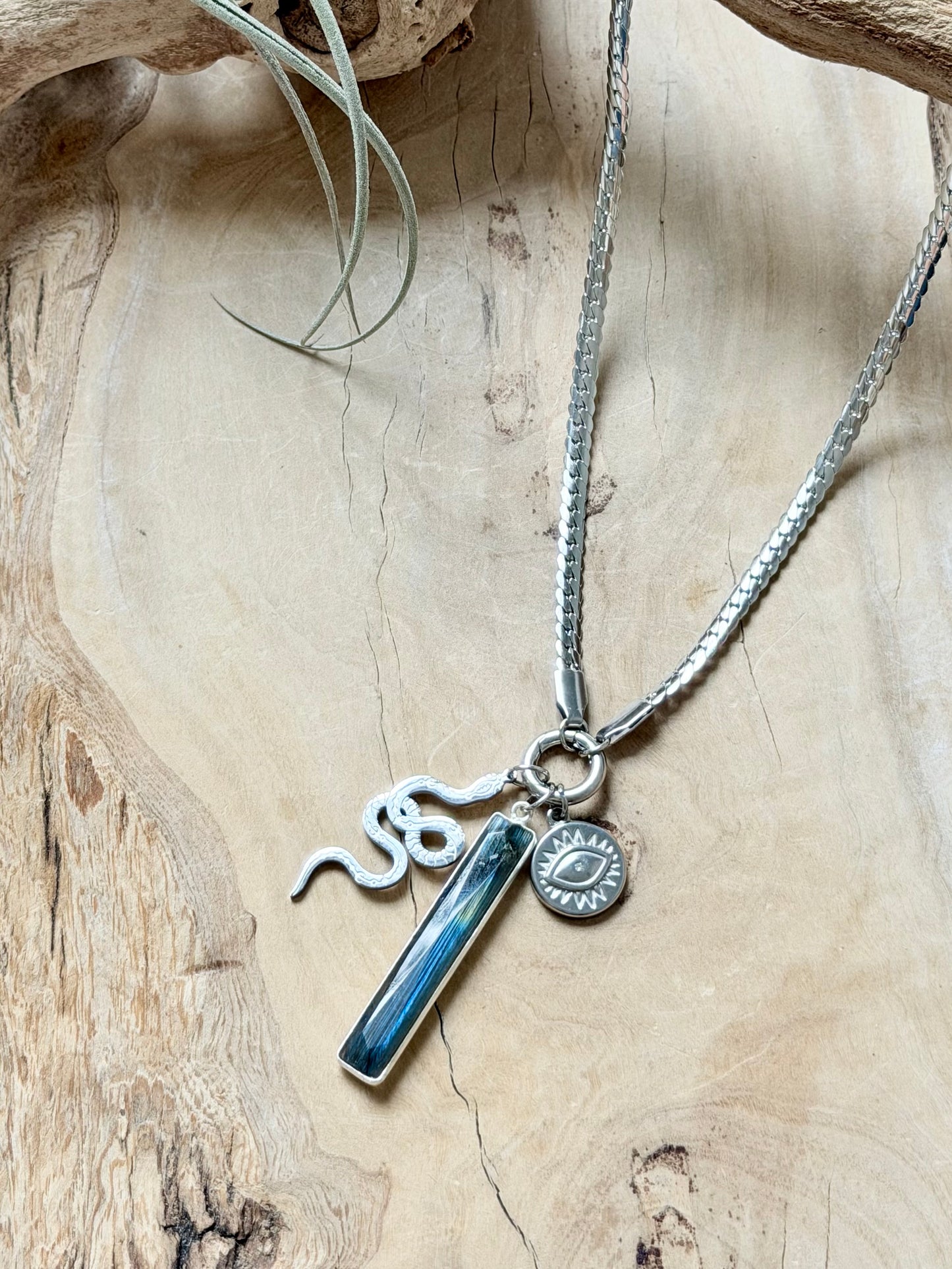 Labradorite + Silver Carabiner Herringbone Necklace