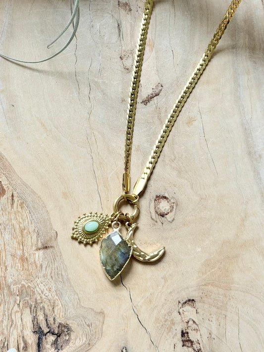 Labradorite + Gold Carabiner Herringbone Necklace