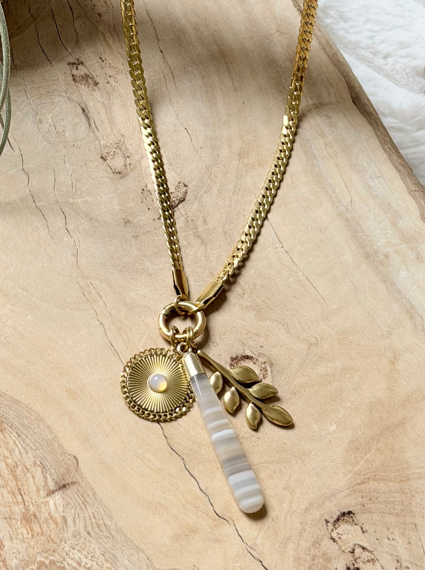 Banded Agate + Gold Carabiner Herringbone Necklace