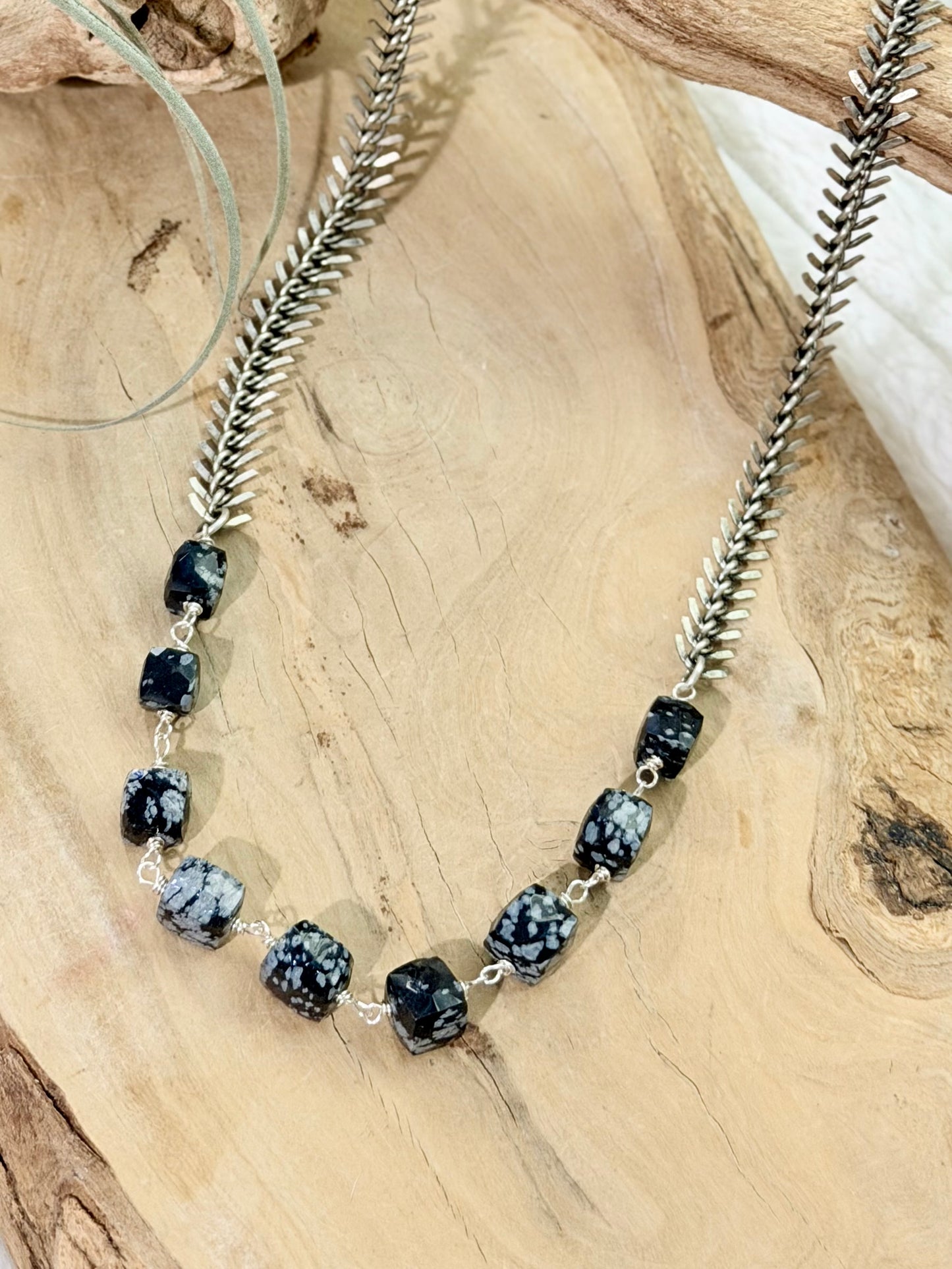 Snowflake Obsidian + Antique Silver Fishbone Necklace