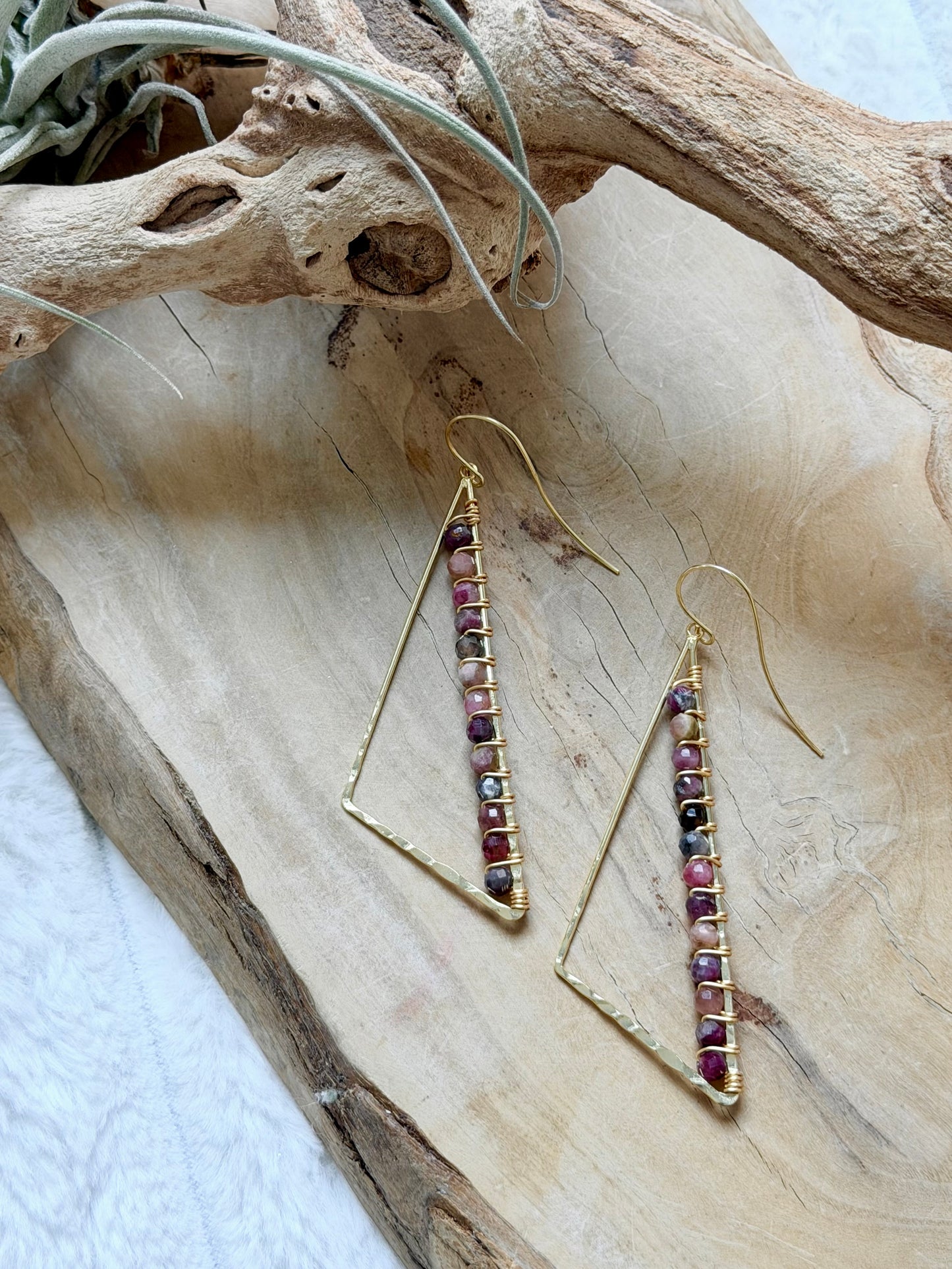 Multi-Color Tourmaline + Gold Large Triangle Earrings