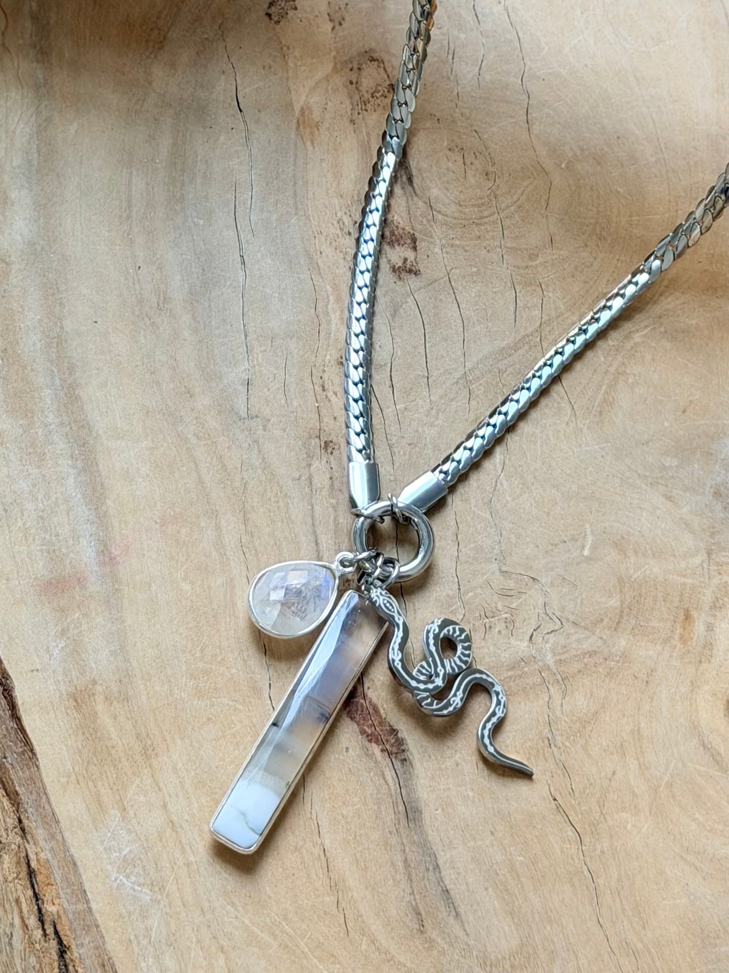 Rainbow Moonstone + Agate in Silver Carabiner Herringbone Necklace