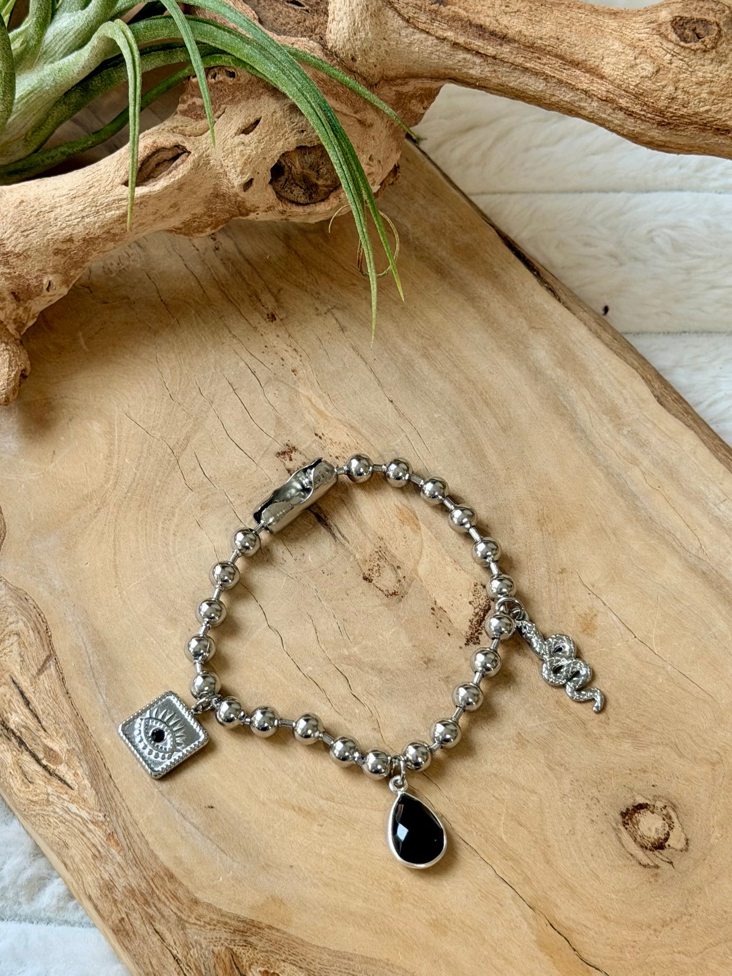 Black Onyx + Stainless Ball Chain Charm Bracelet