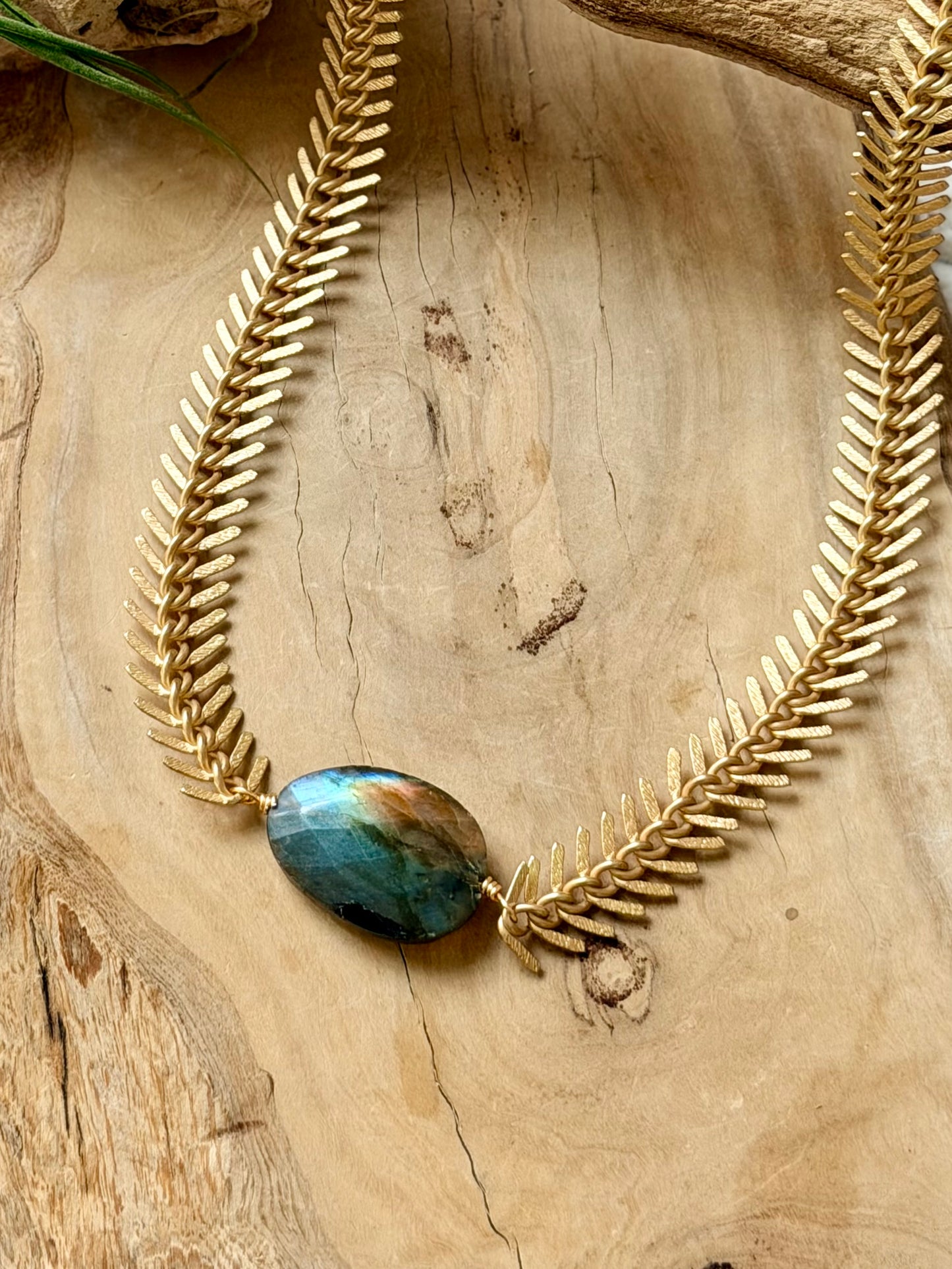 Labradorite + Matte Gold Fishbone Chain Necklace