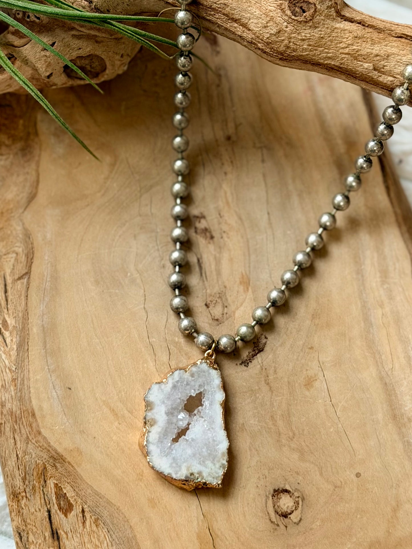 Druzy Agate + Antique Silver Ball Chain Necklace