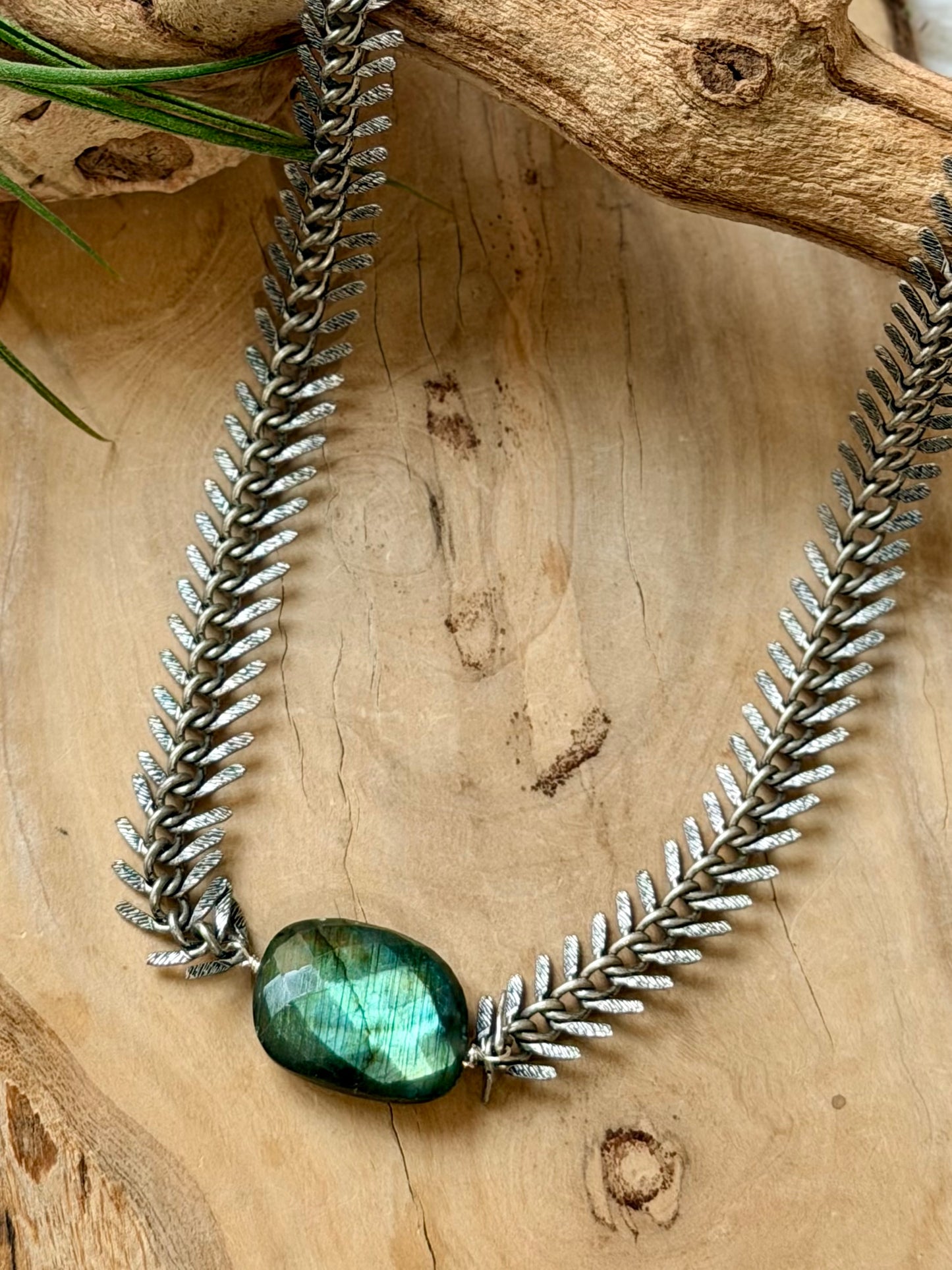 Labradorite + Antique Silver Fishbone Chain Necklace