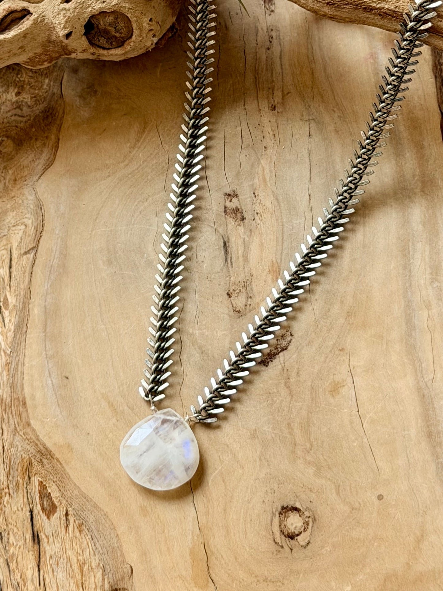 Rainbow Moonstone + Antique Silver Fishbone Necklace