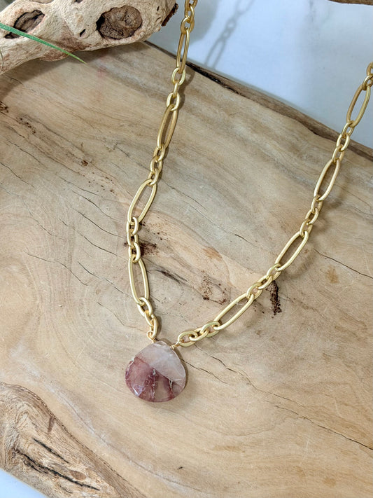 Red Hematite Quartz Pendant + Matte Gold Necklace