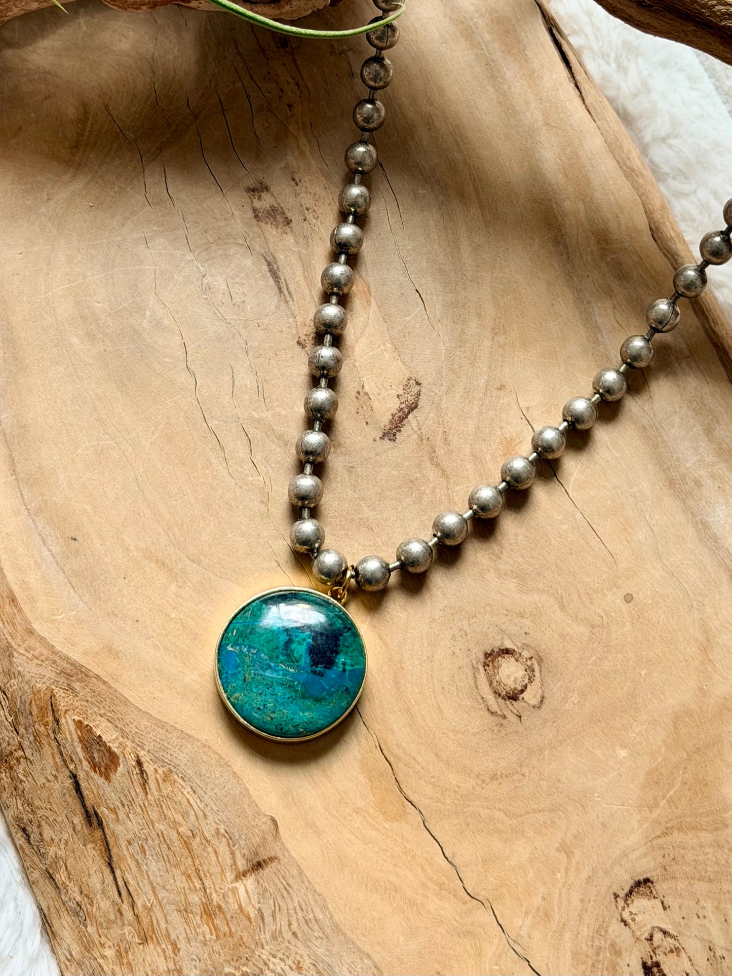 Chrysocolla + Antique Silver Ball Chain Necklace