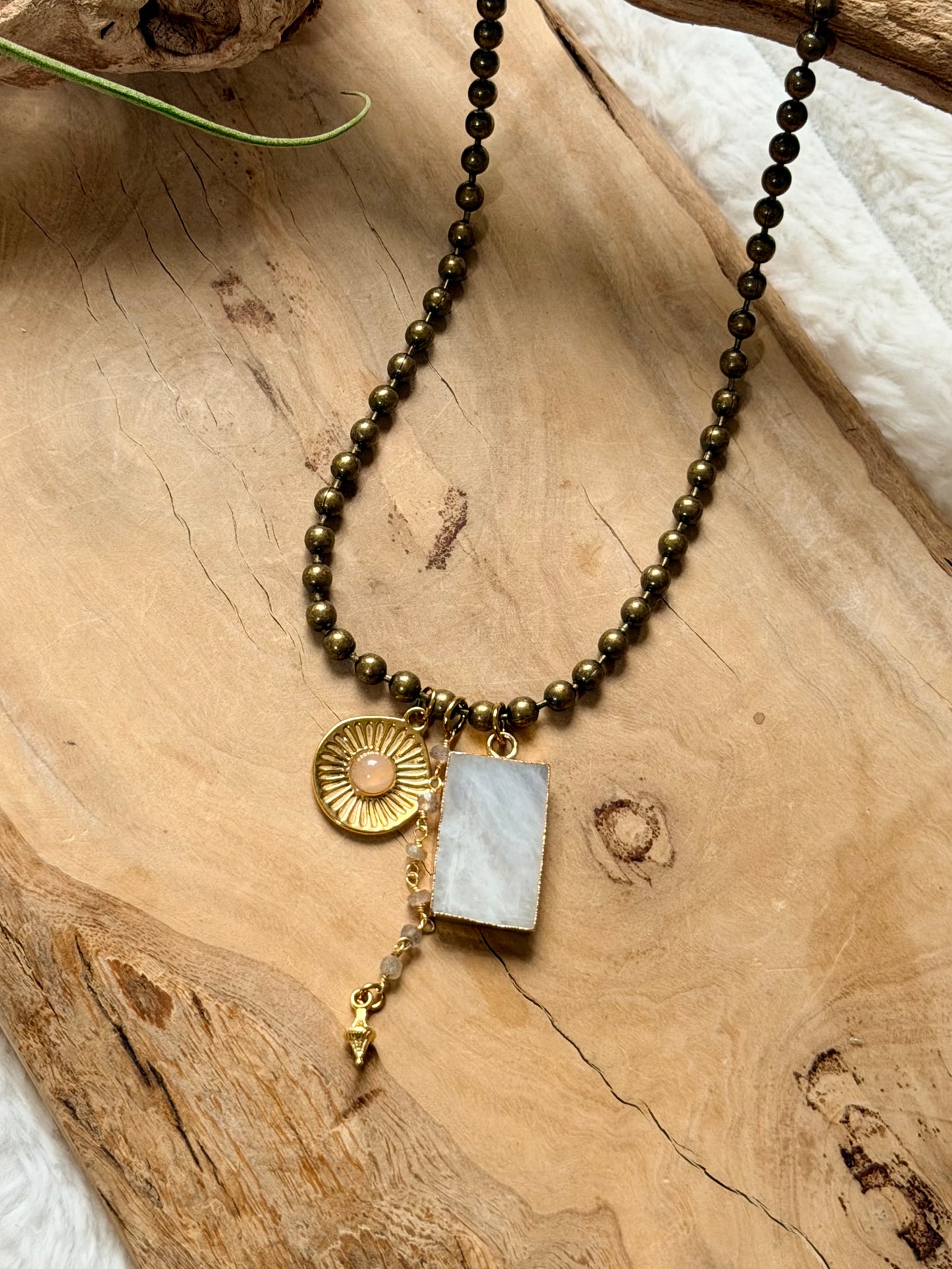 Rainbow Moonstone + Mixed Metal Ball Chain Necklace