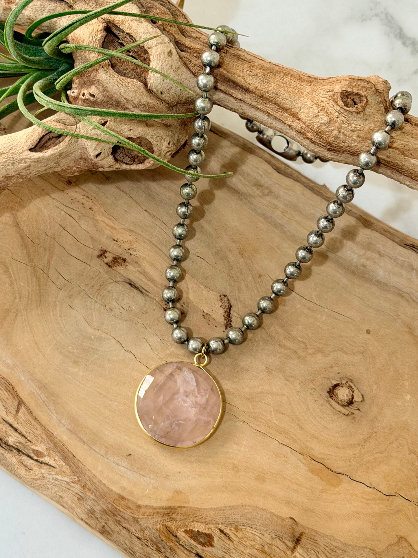 Rose Quartz + Antique Silver Necklace