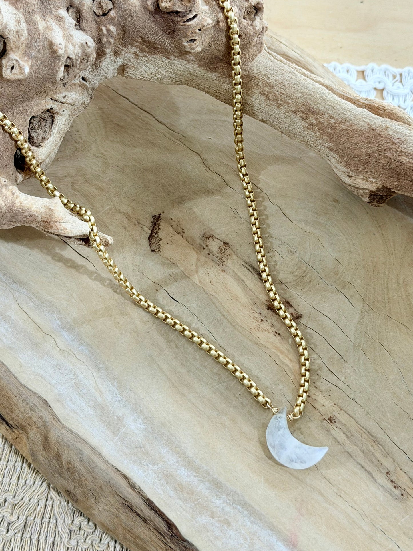 Rainbow Moonstone + Matte Gold Moon Necklace