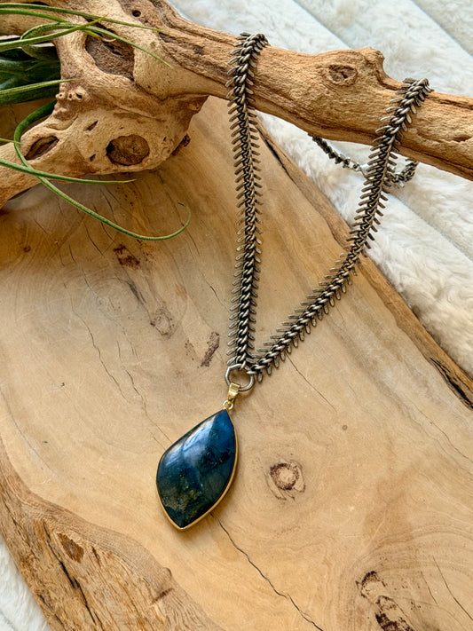 Labradorite + Antique Silver Fishbone Necklace