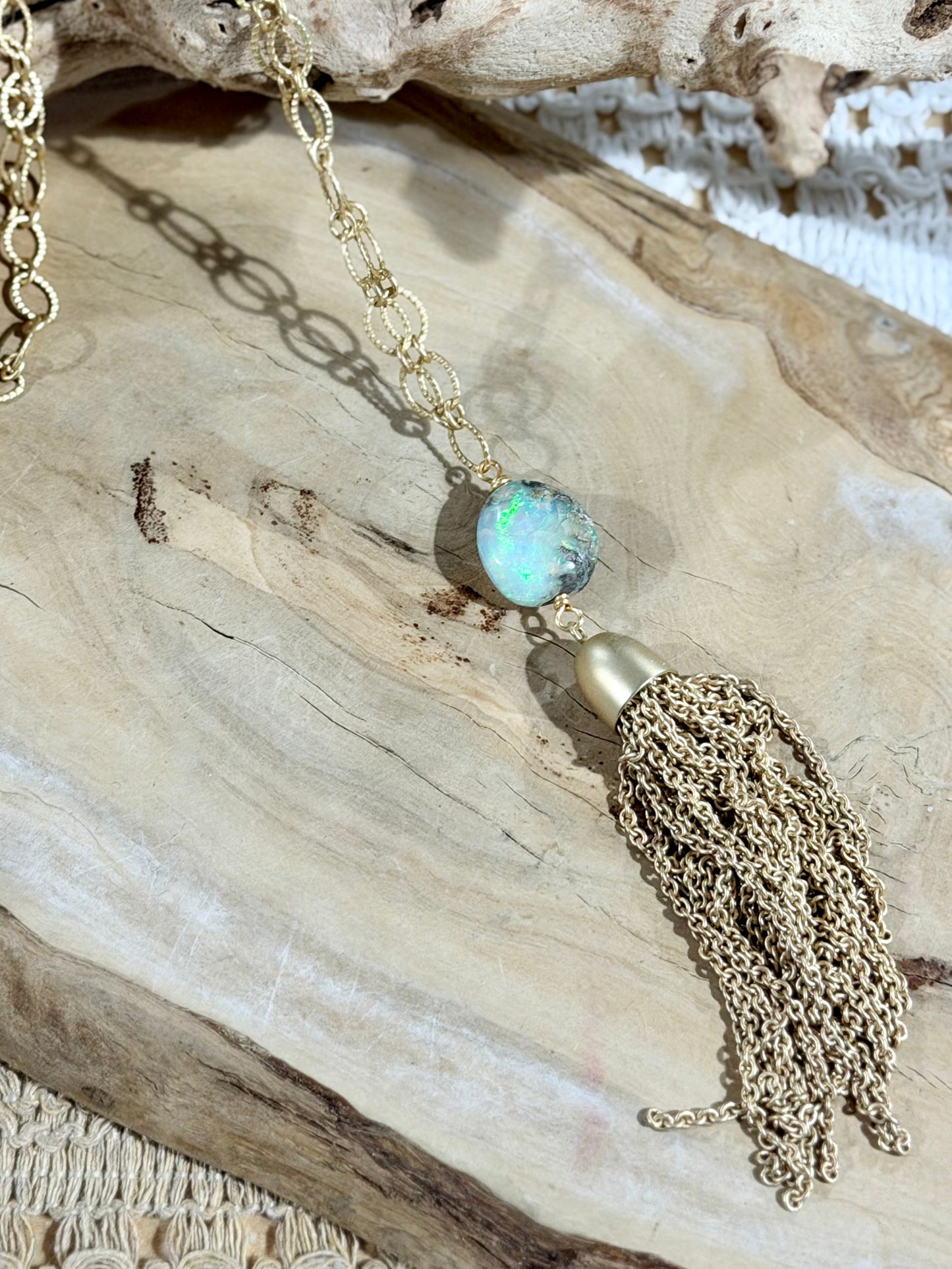 Rustic Ethiopian Opal + Matte Gold Fringe Necklace