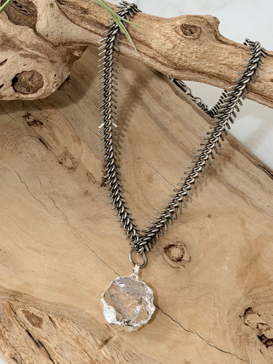 Clear Quartz + Antique Silver Fishbone Chain Necklace