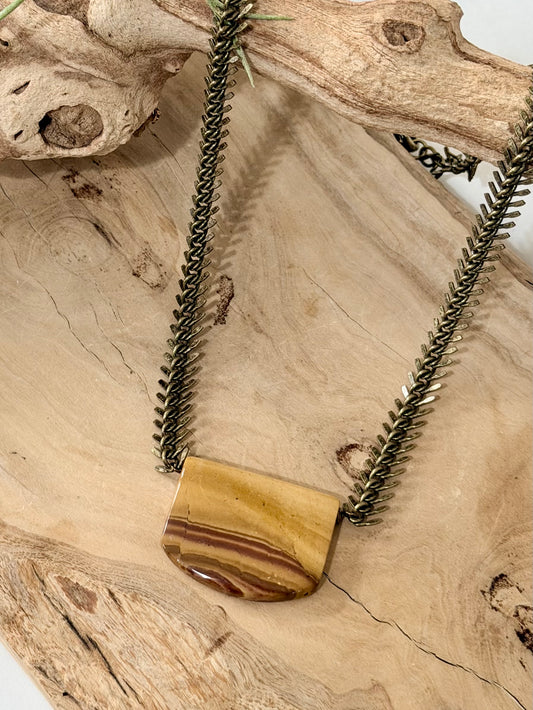 Natural Red Ocean Jasper + Antique Brass Fishbone Chain Necklace