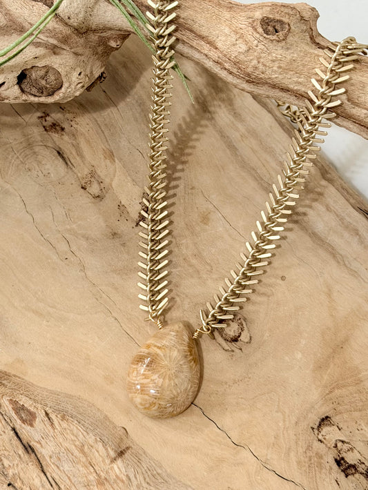Natural Fossil Coral + Matte Gold Fishbone Necklace