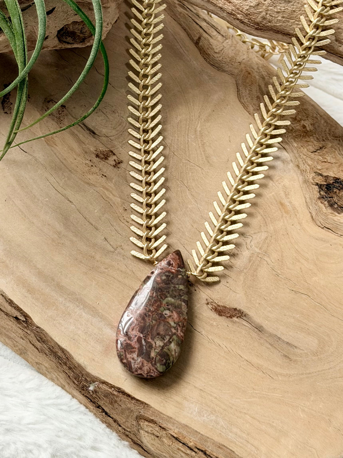 Mushroom Rhyolite Jasper + Matte Gold Fishbone Necklace