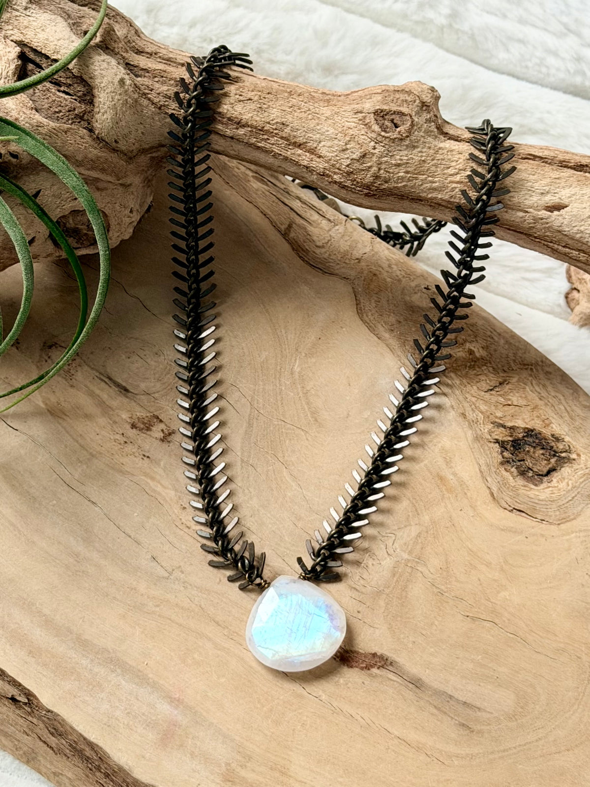 Rainbow Moonstone + Antique Brass Fishbone Necklace