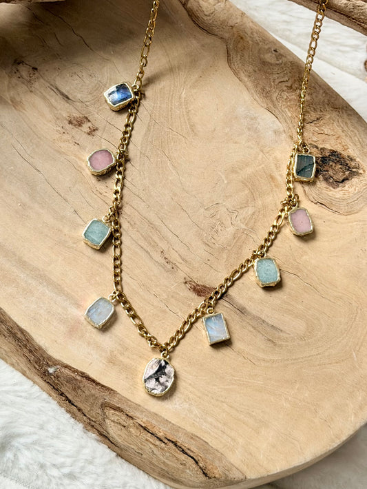 Mixed Gemstone + Gold Stainless Charm Necklace