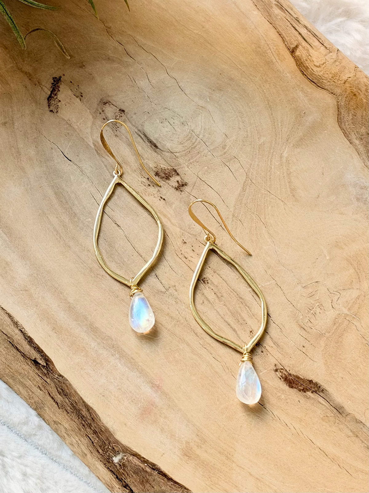 Madagascar Rainbow Moonstone + Gold Earrings