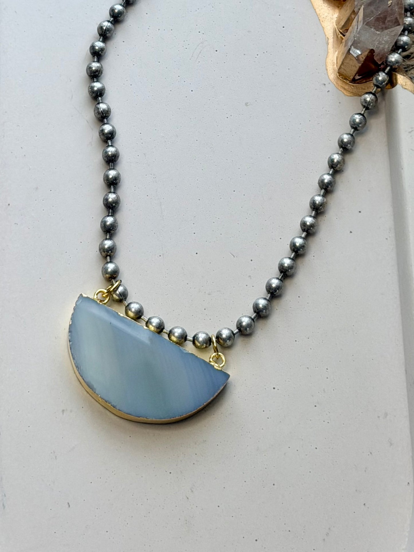 Agate + Antique Silver Ball Chain Necklace