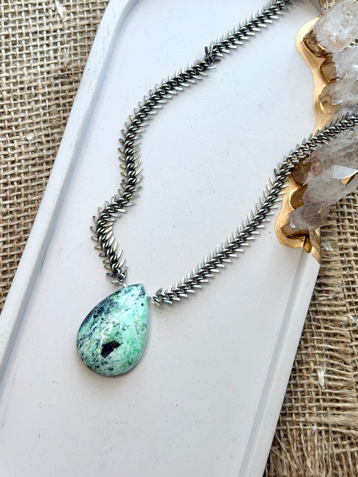 Variscite + Antique Silver Fishbone Necklace