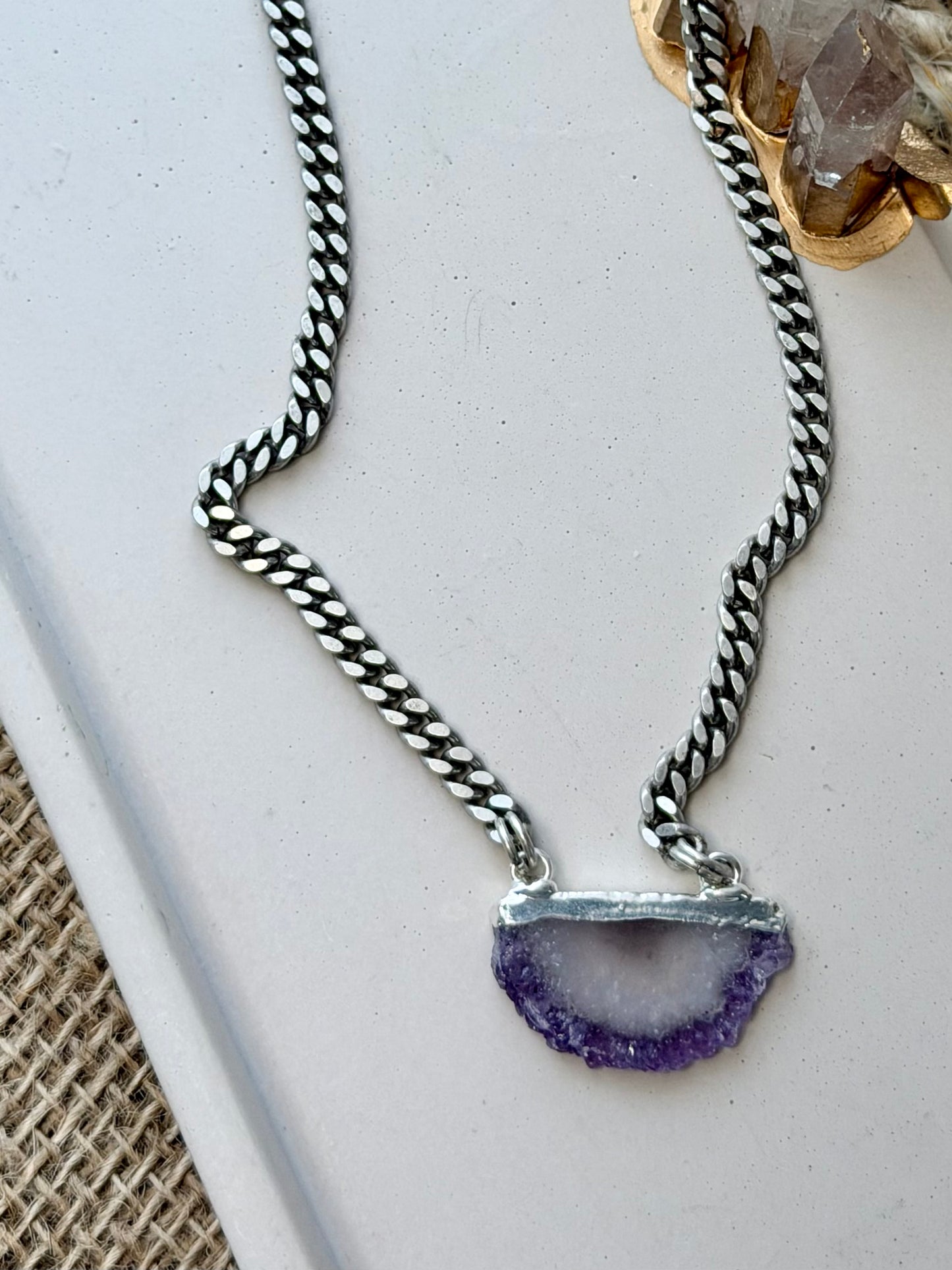 Amethyst Slice + Antique Silver Pendant Necklace