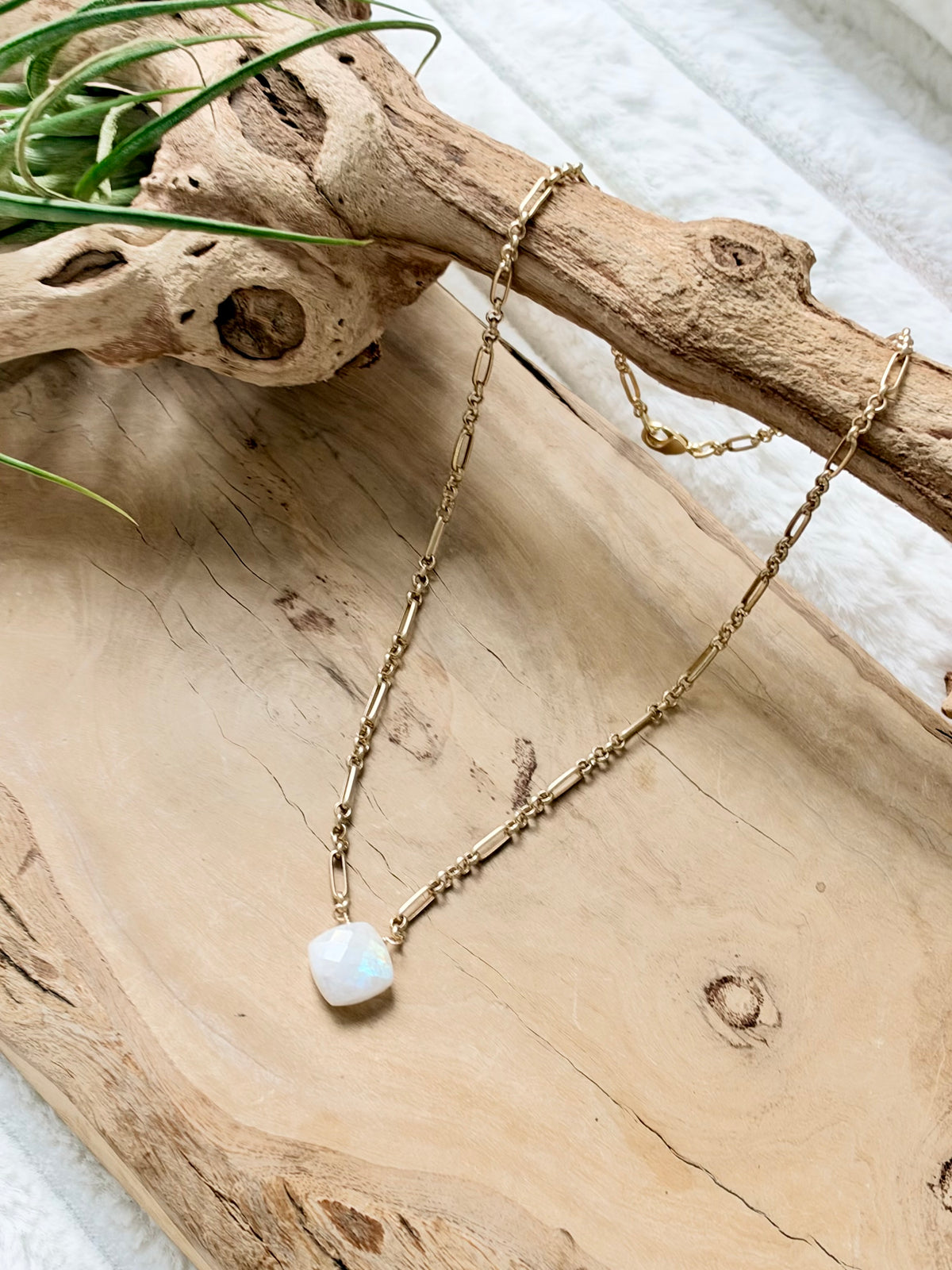 Cushion Cut Rainbow Moonstone + Matte Gold Necklace