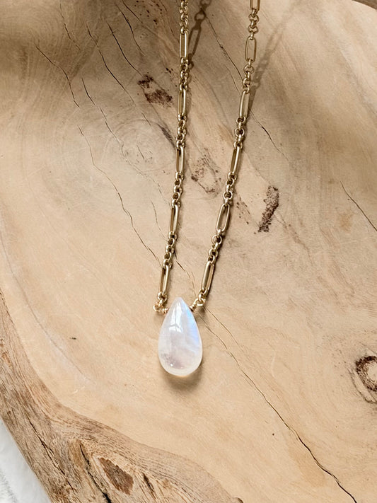 Rainbow Moonstone + Matte Gold Necklace
