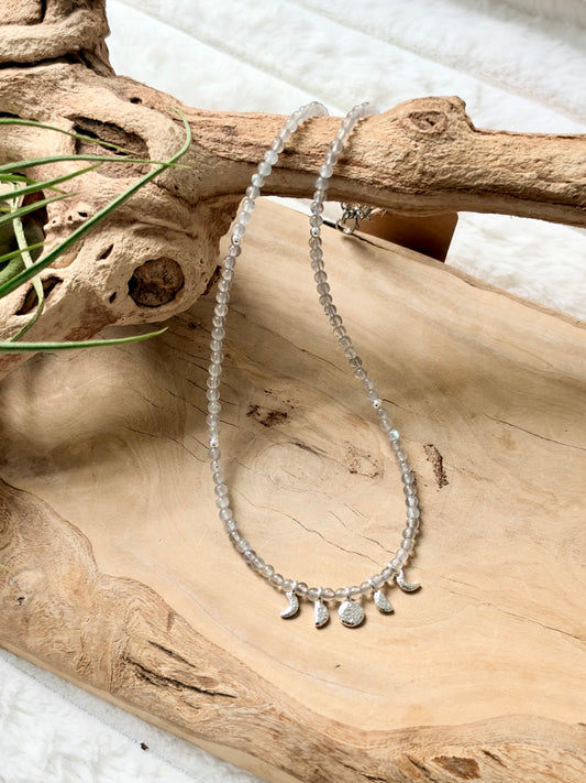 Labradorite + Silver Moon Phases Beaded Necklace
