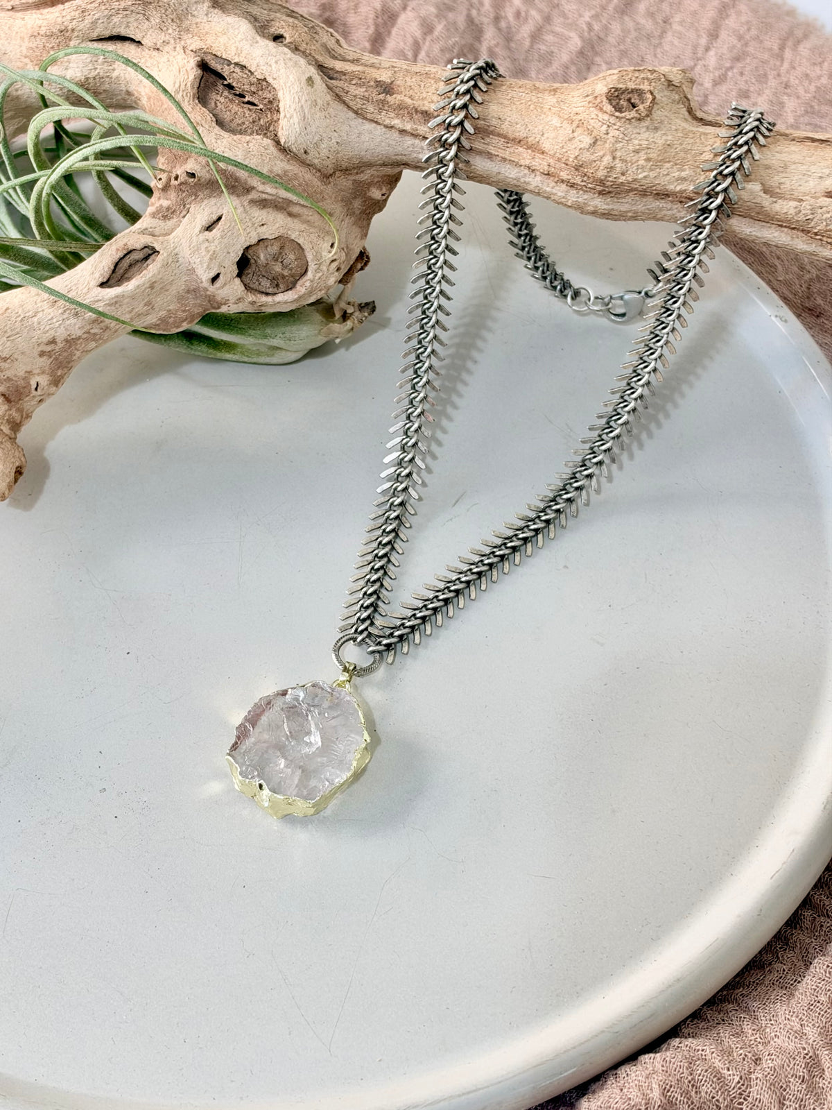 Clear Quartz + Antique Silver Fishbone Chain Necklace