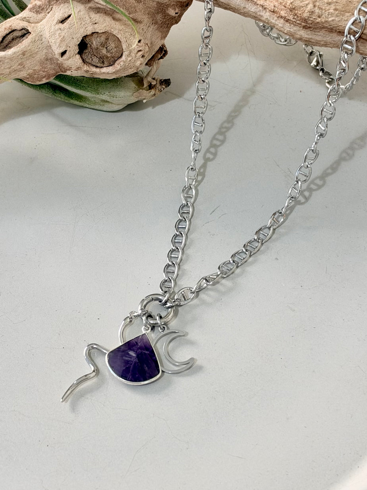 Amethyst + Silver Stainless Carabiner Charm Necklace