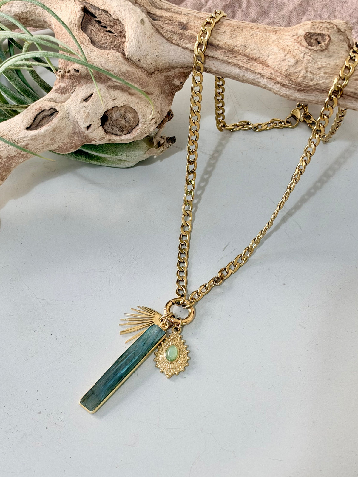 Labradorite + Green Aventurine Gold Stainless Carabiner Charm Necklace