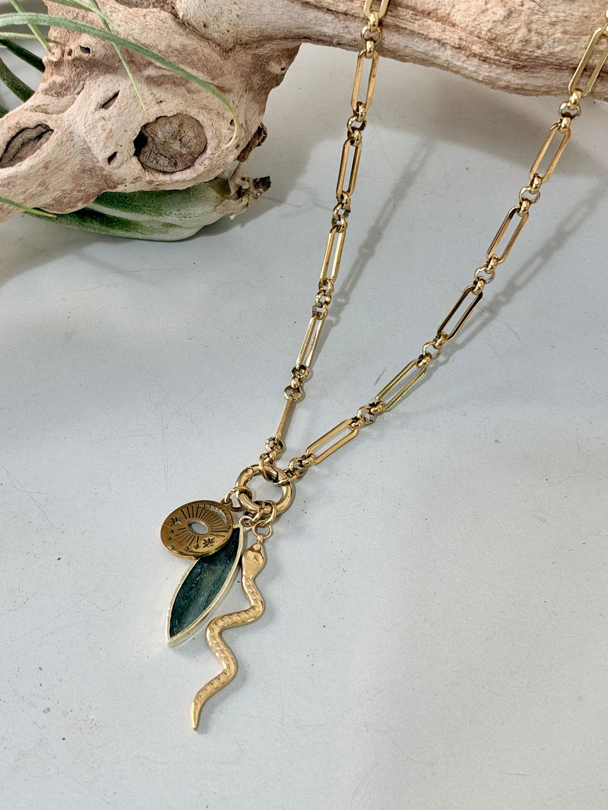 Labradorite + Gold Stainless Carabiner Charm Necklace