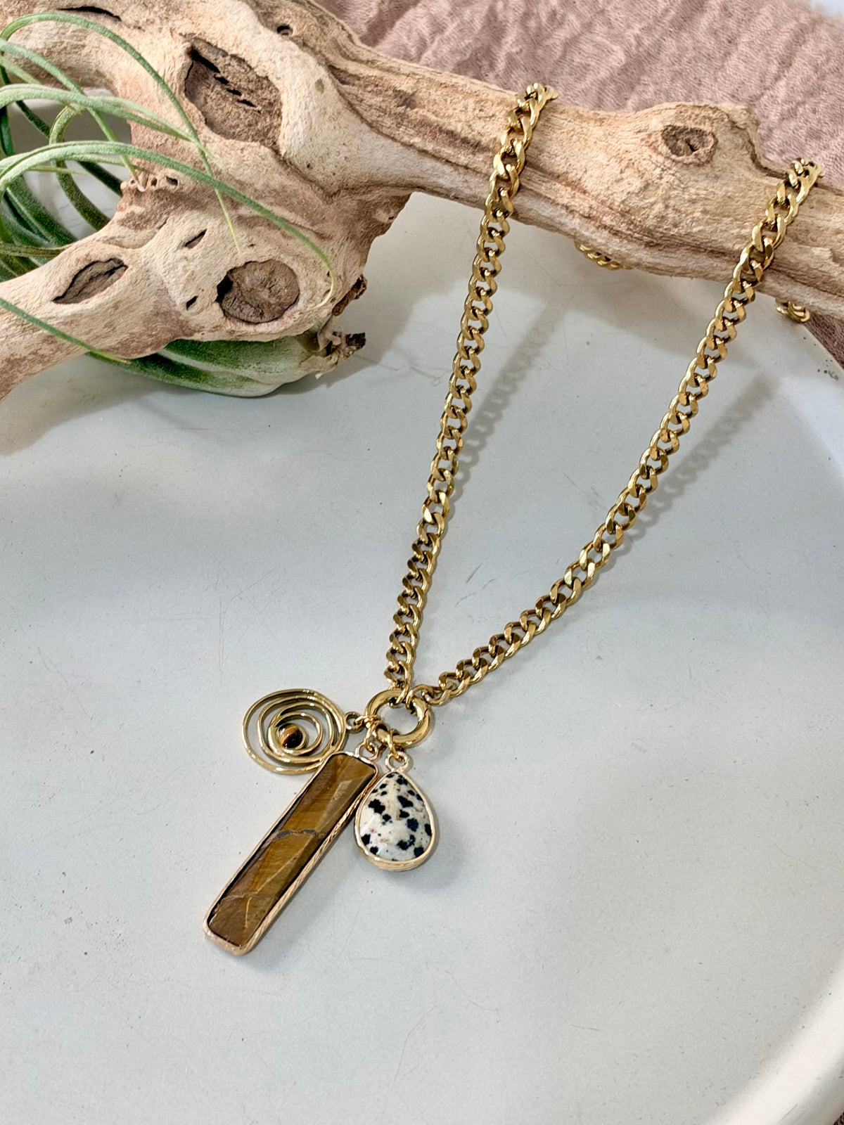Tiger Eye + Dalmatian Jasper Gold Stainless Carabiner Charm Necklace