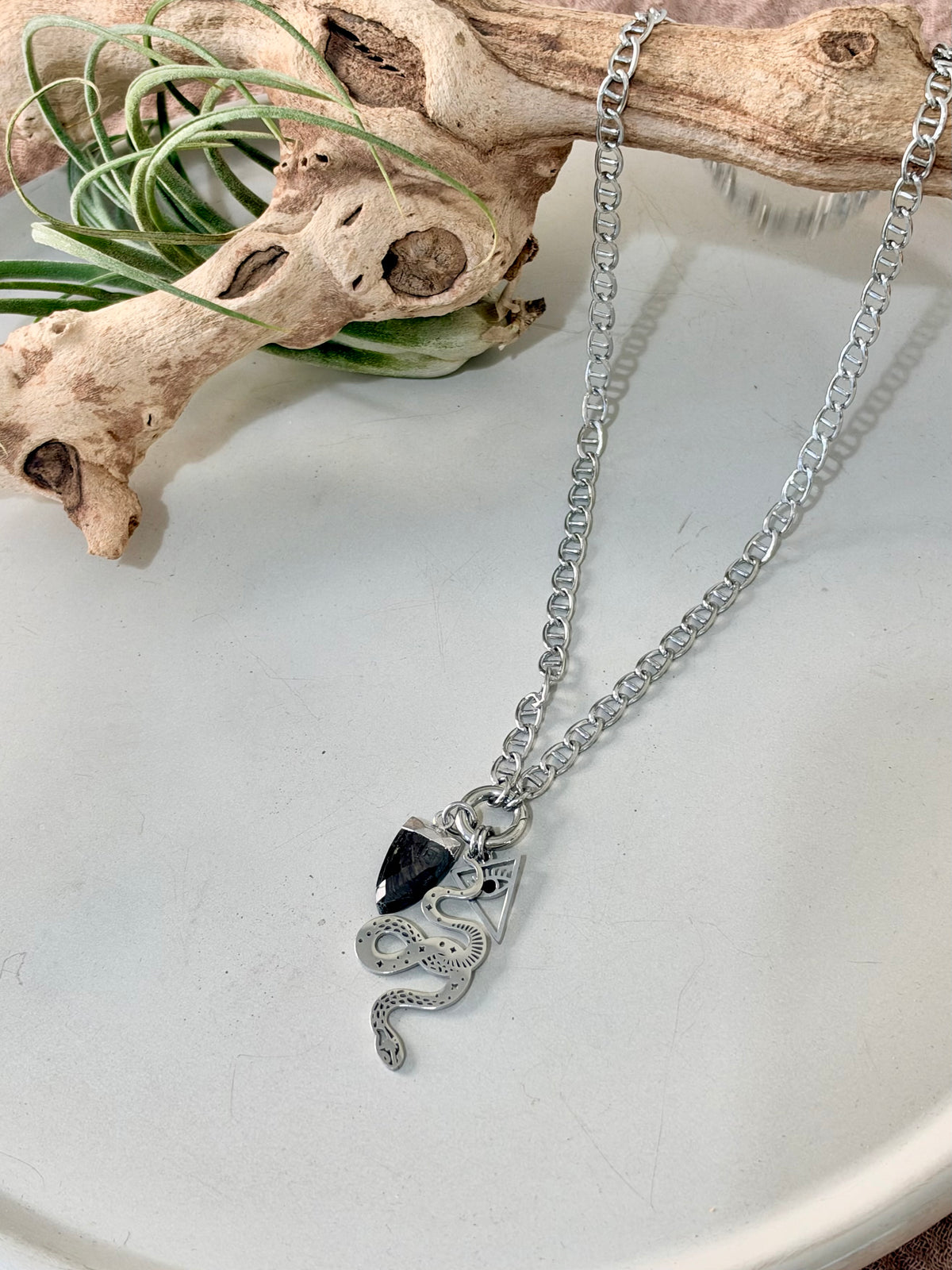 Hypersthene + Silver Stainless Carabiner Charm Necklace