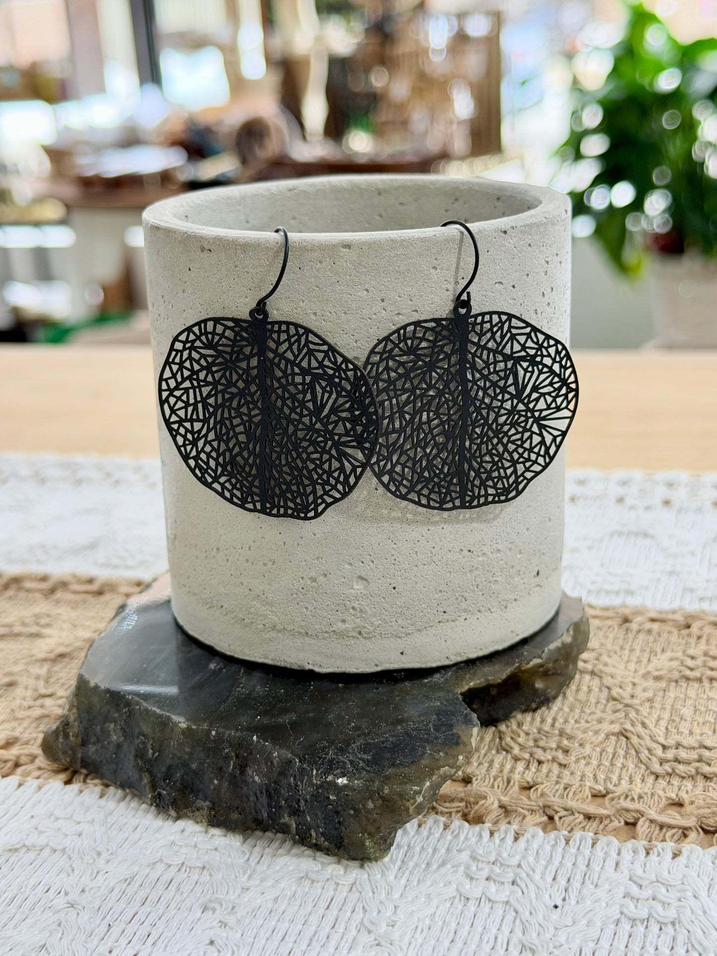 Matte Black Lacey Leaf Earrings